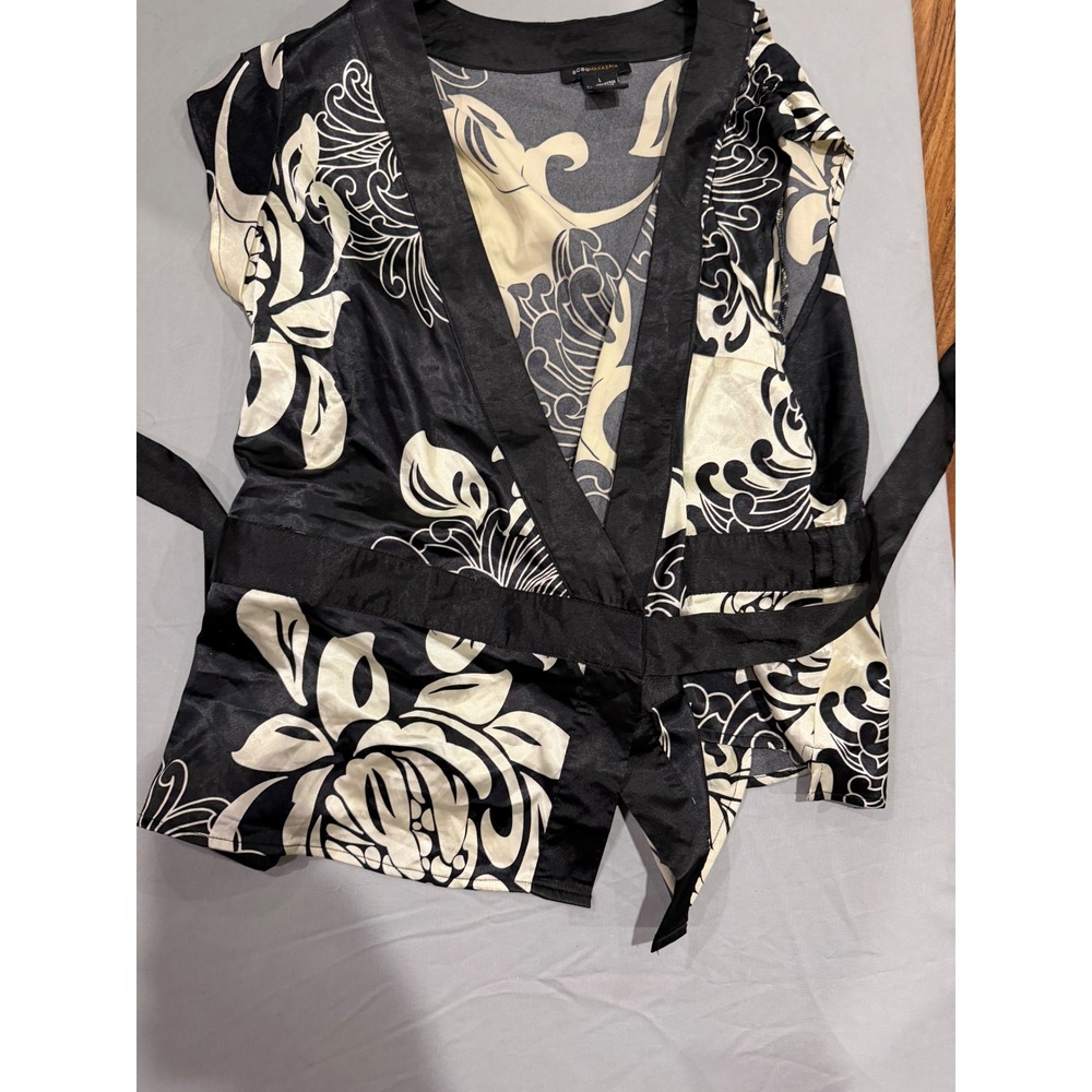Floral Wrap Womens BCBGMAXAZRIA Satin Blouse Top L Black Cream